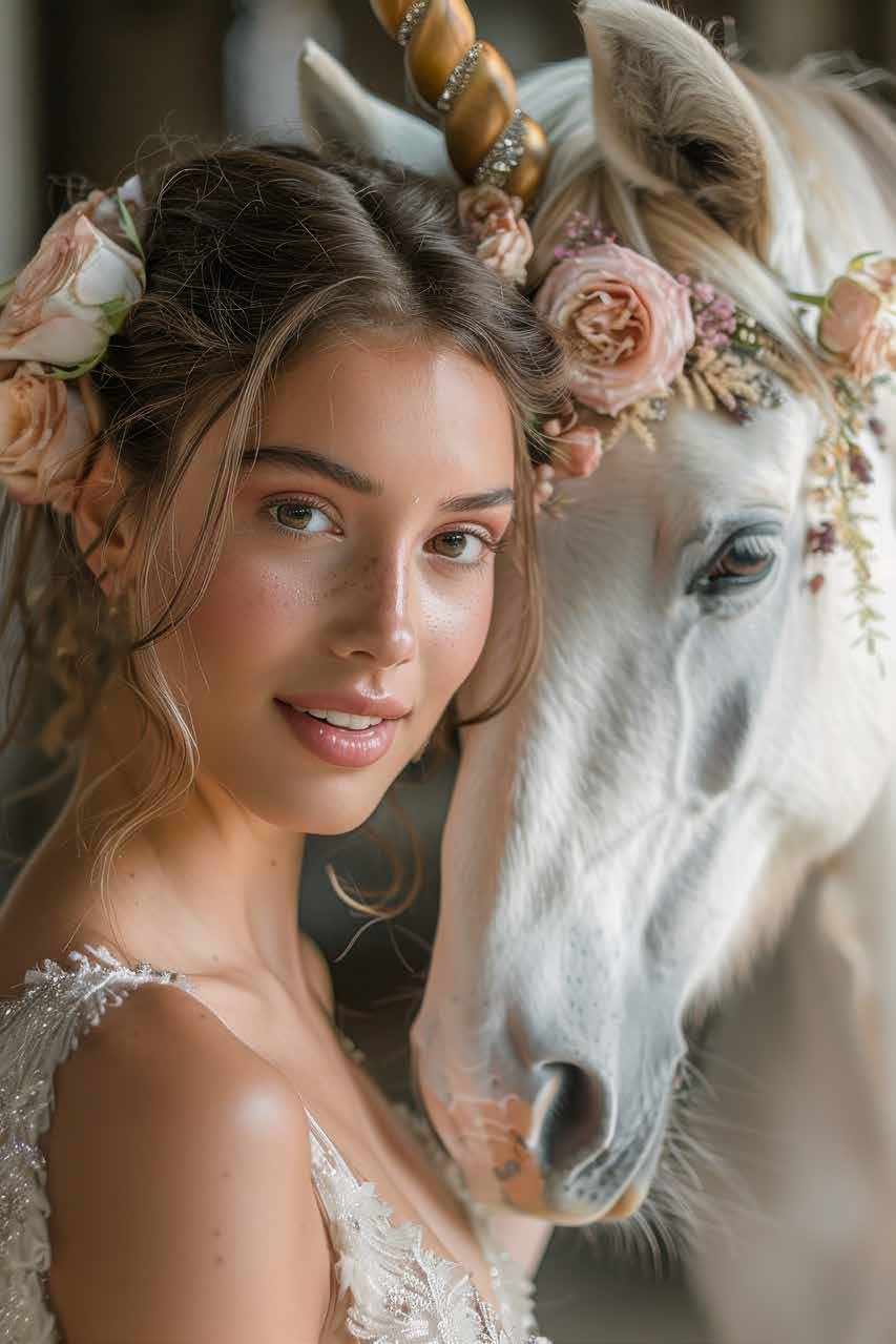 Modella con corona di rose e cavallo bianco