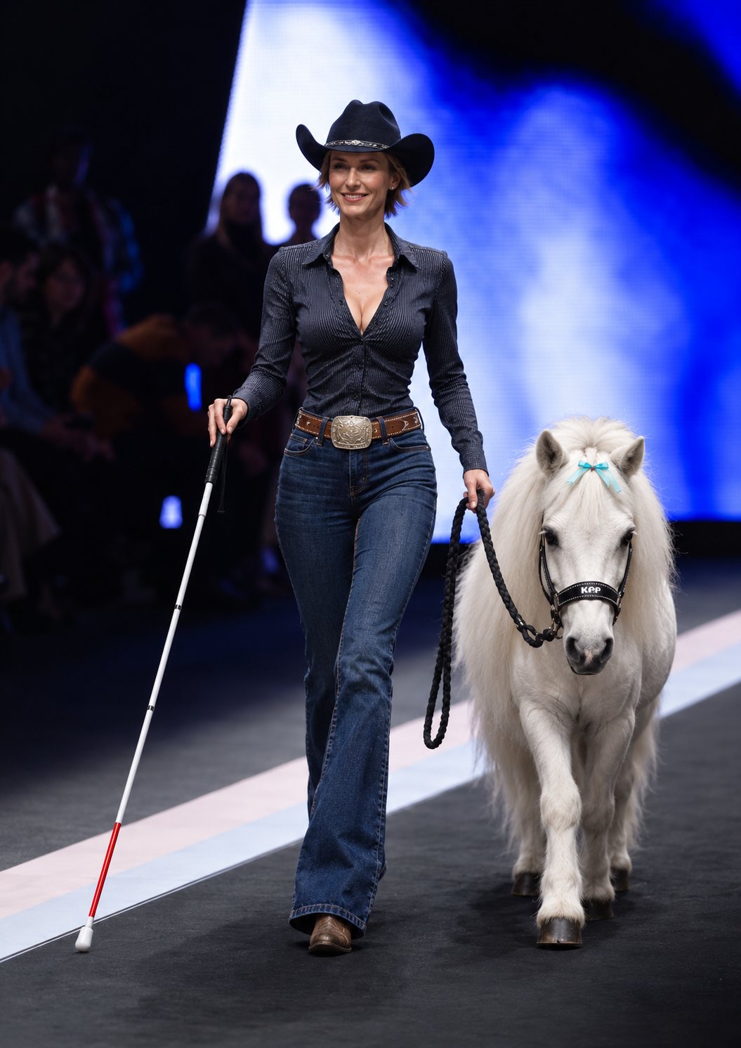 Modella in look western con cappello e bastone bianco accanto a un mini pony